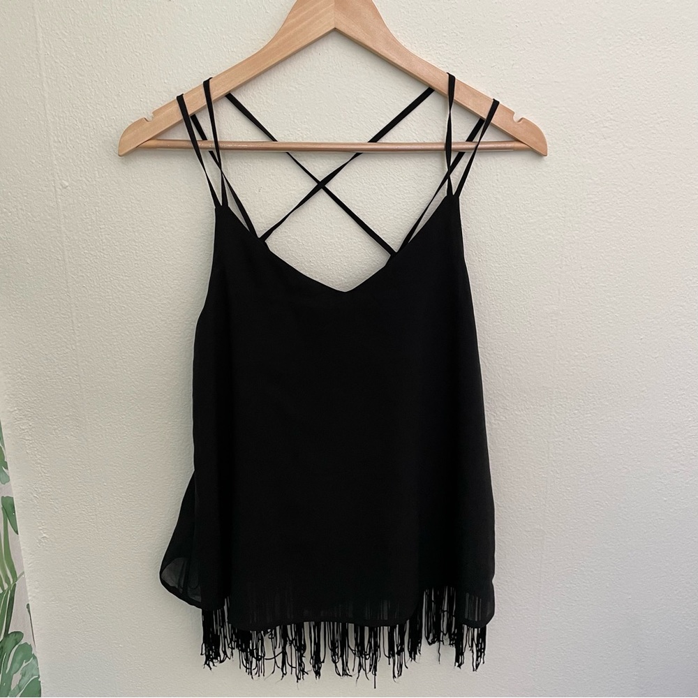 Collective Concepts Black fringe tank top. Size small